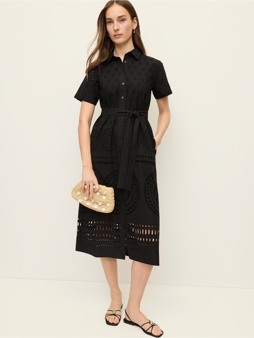 Ann Taylor Midi Eyelet Shirtdress in Black Size 10